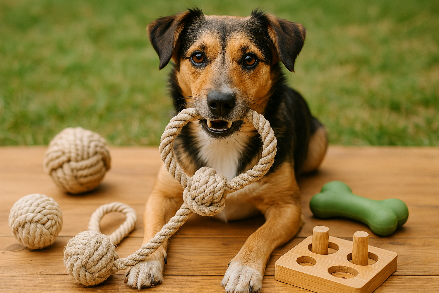 picture of mixed breed dog with eco toys vertical picture pleasew