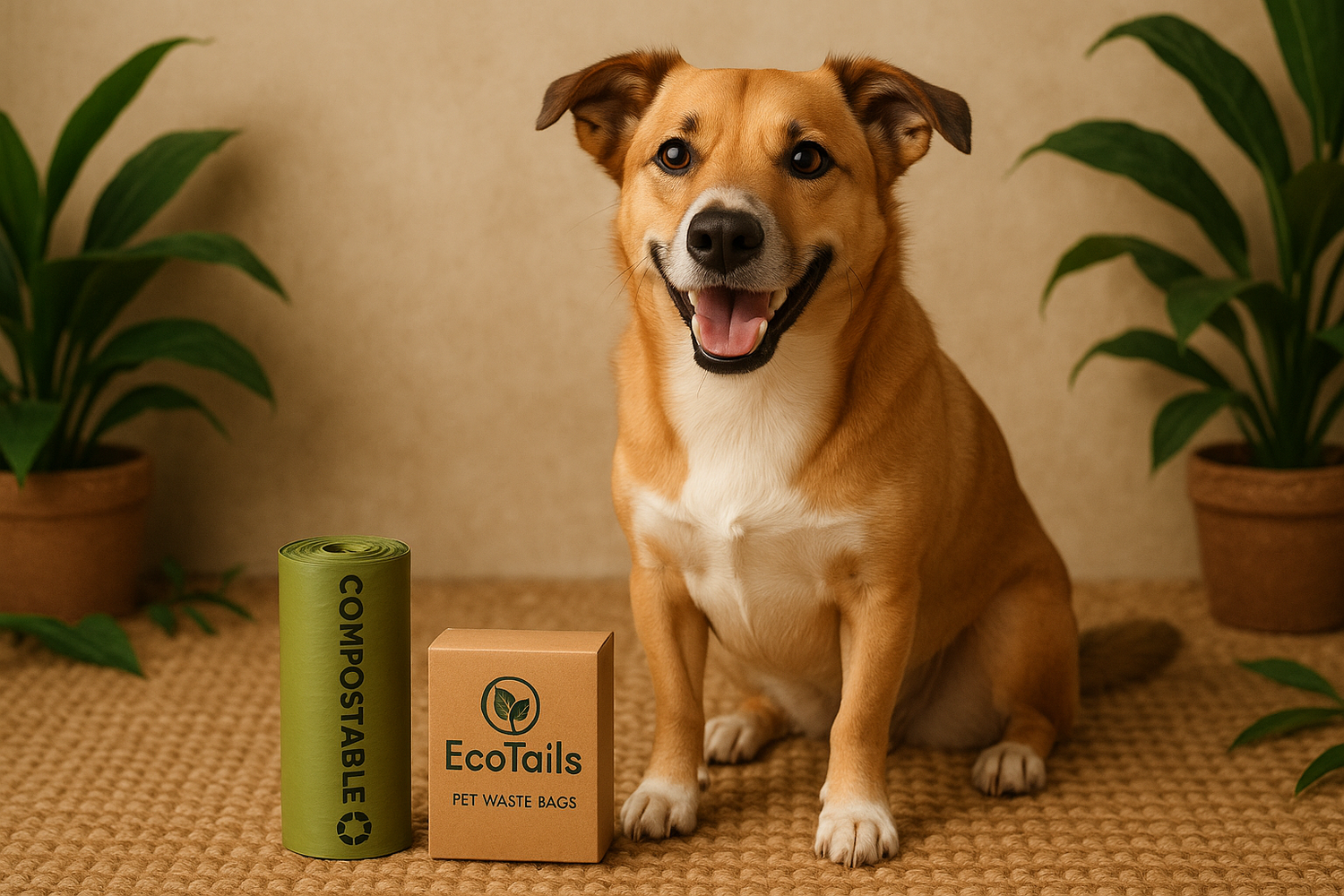 “A professional, eco-friendly styled photo featuring a happy medium-sized dog sitting beside a roll of biodegradable pet waste bags and a small EcoTails-branded box. The scene has earthy, natural tones with soft lighting, a woven jute mat, and green plant accents in the background to emphasize sustainability.”