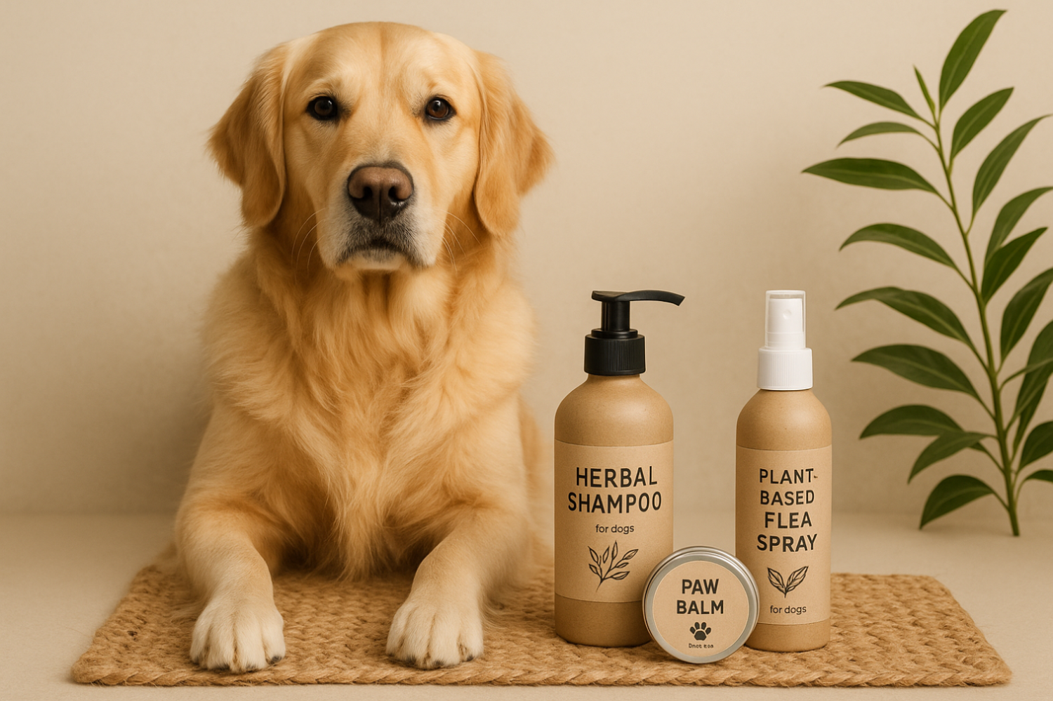 “A professional eco-friendly styled photo of a golden retriever sitting calmly next to natural pet grooming products: an herbal shampoo bottle, a paw balm tin, and a plant-based flea spray, all with minimalist eco packaging. The scene includes a soft beige background, a woven jute mat, and a green plant accent to emphasize natural care and sustainability.”