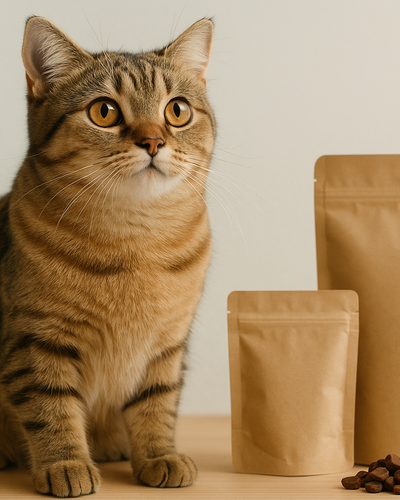 picture with cat and eco cat snacks but no writing on packaging of snacks and whole picture vertically to fit into row